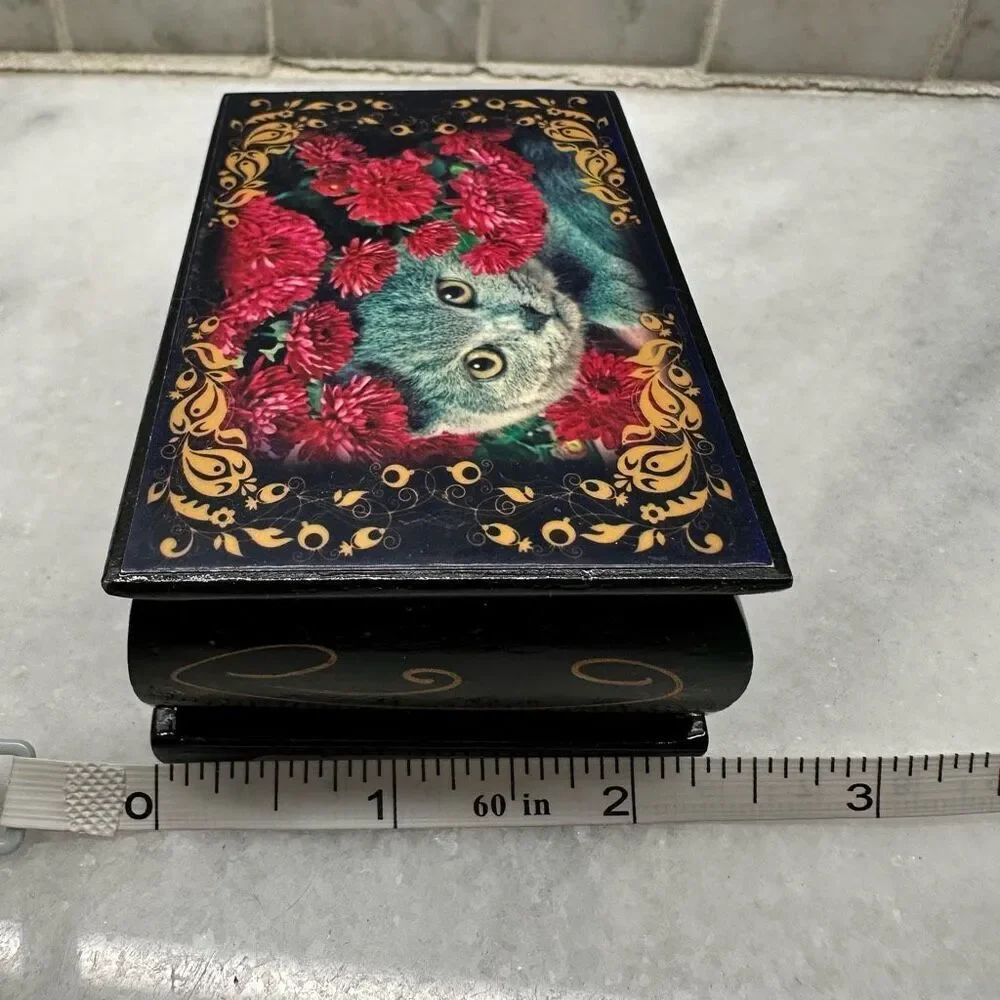 Vintage Wood Russian Blue Kitten Cat Flowers Handpainted Lacquer Box 3.5